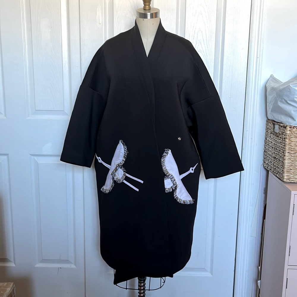 Black Kimono Coat with White Fringe Details
